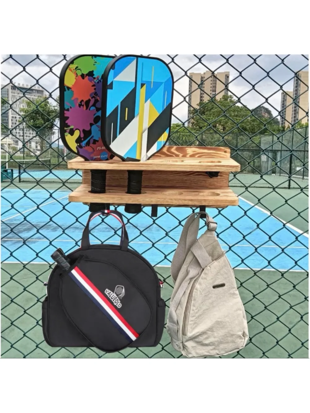 NEW Set of 2 Pickleball Paddle Rack Holder Hooks Fence Wall Solid Wood